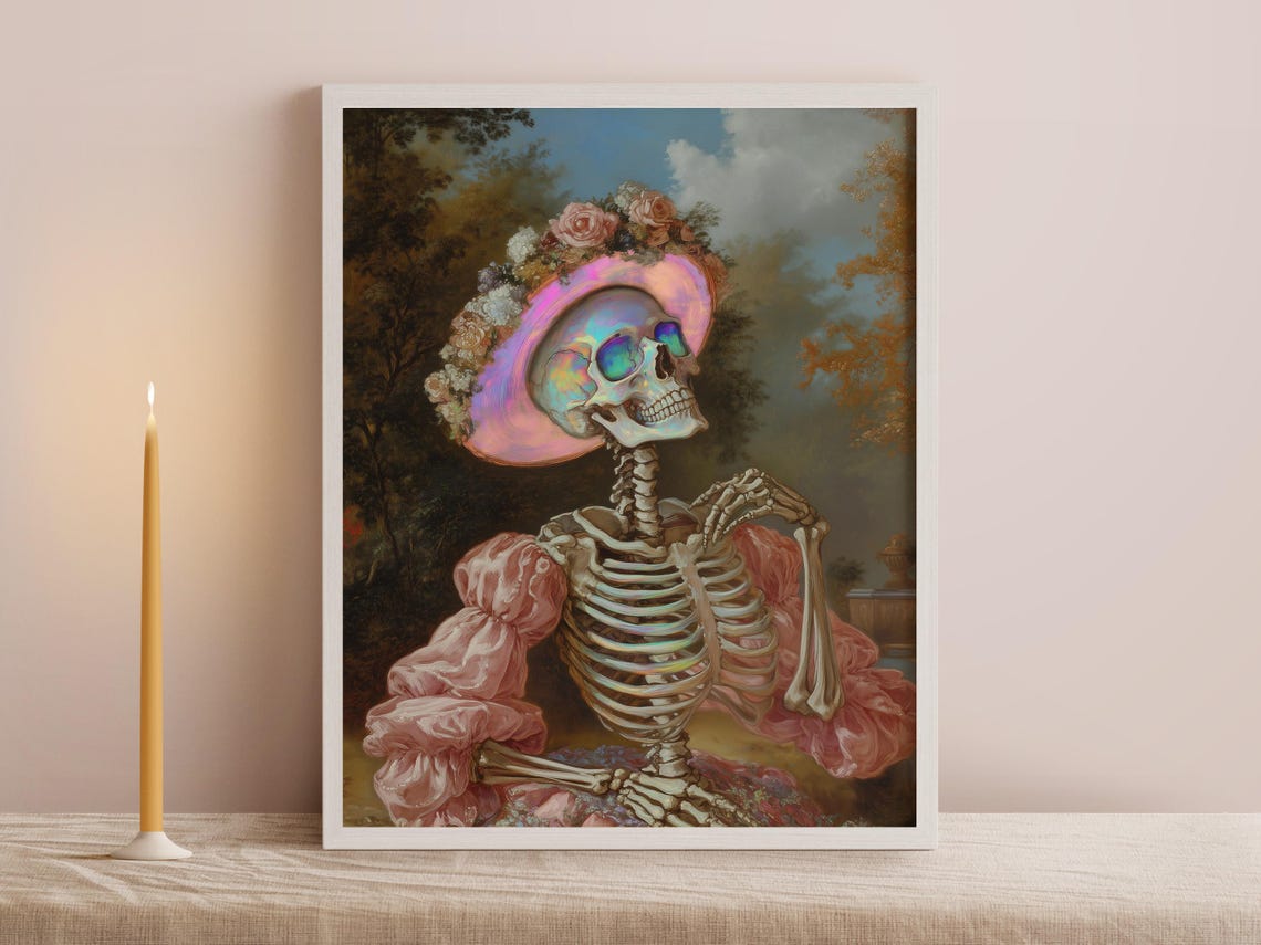 Rococo Oil Painting Style Fancy Skeleton Lady Fine Art Print Macabre Cute Decor Girly Art Whimsical Wall Art