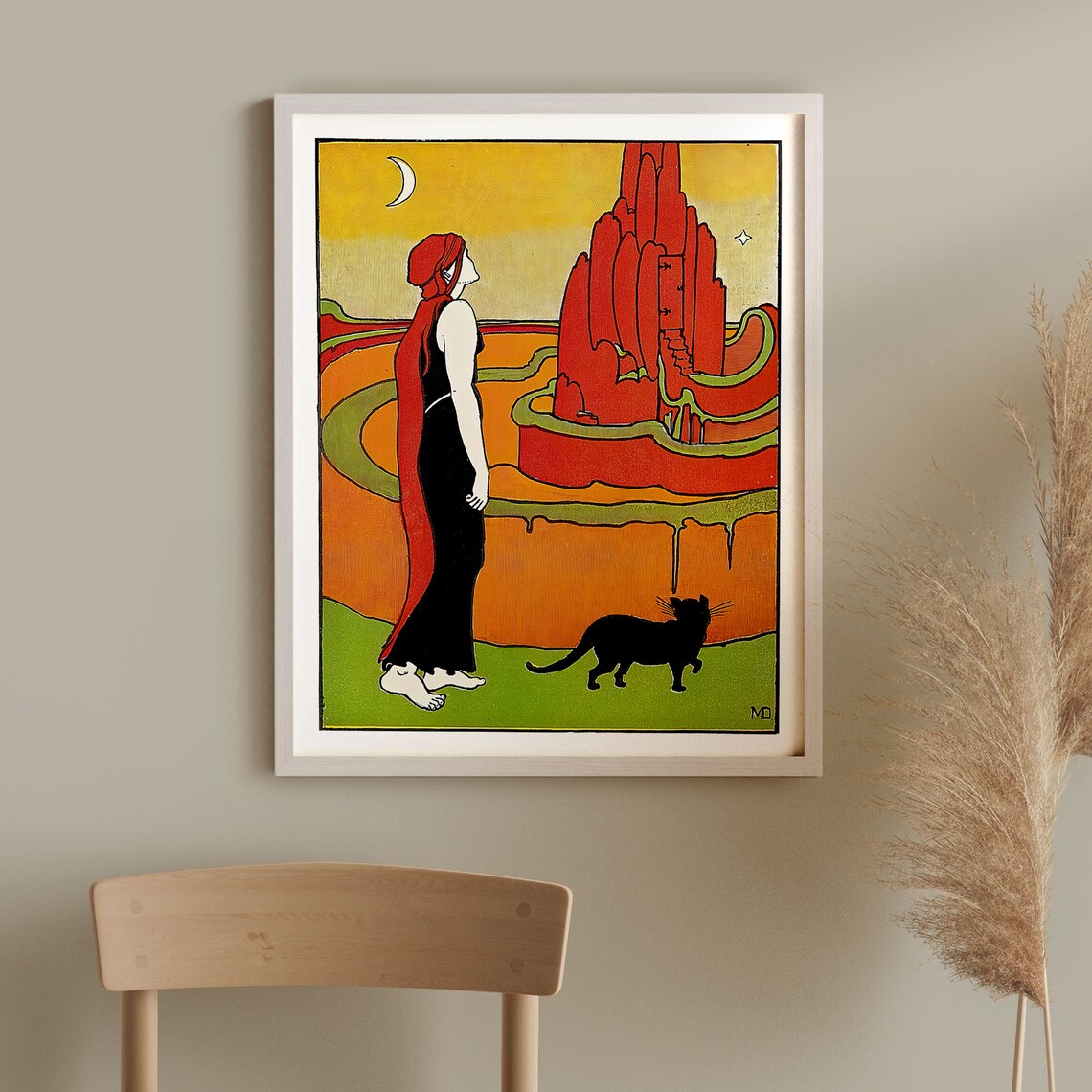 Vintage Woman and Black Cat Under the Moon Art Print - Image 3