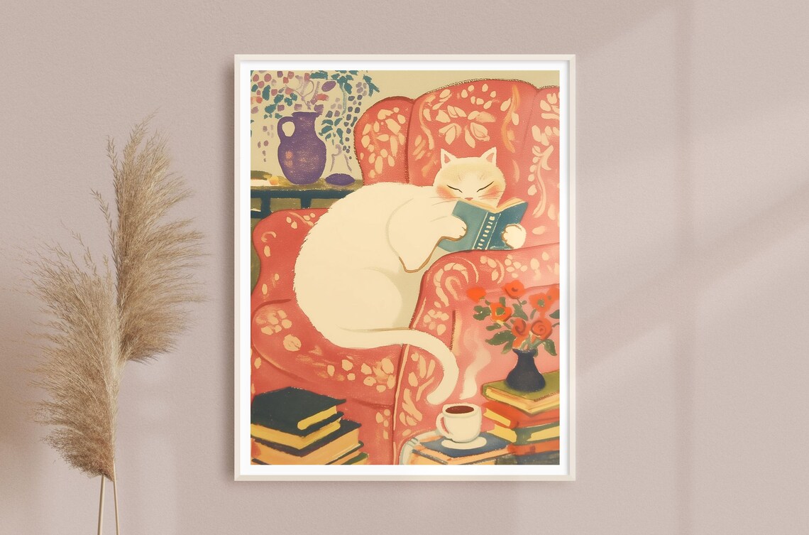 Cozy Reading White Cat, Retro Style Wall Art Print - Image 2