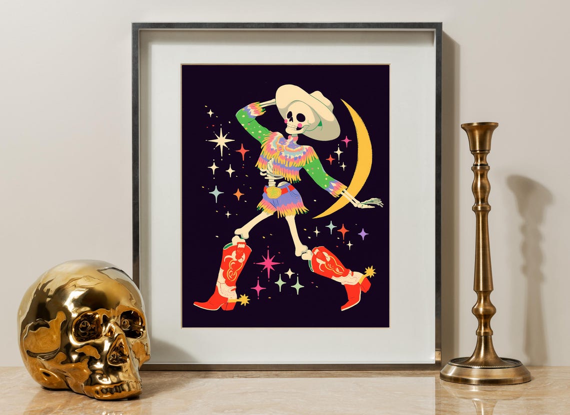 Dancing Cowgirl Skeleton Under a Golden Crescent Moon Poster - Image 3