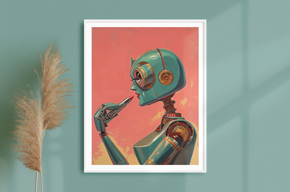 Vintage Robot Woman Applying Lipstick Art Print