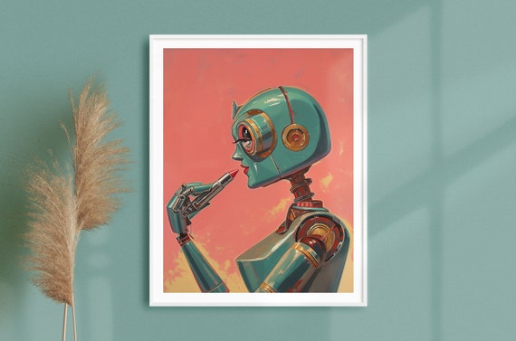 Vintage Robot Woman Applying Lipstick Art Print