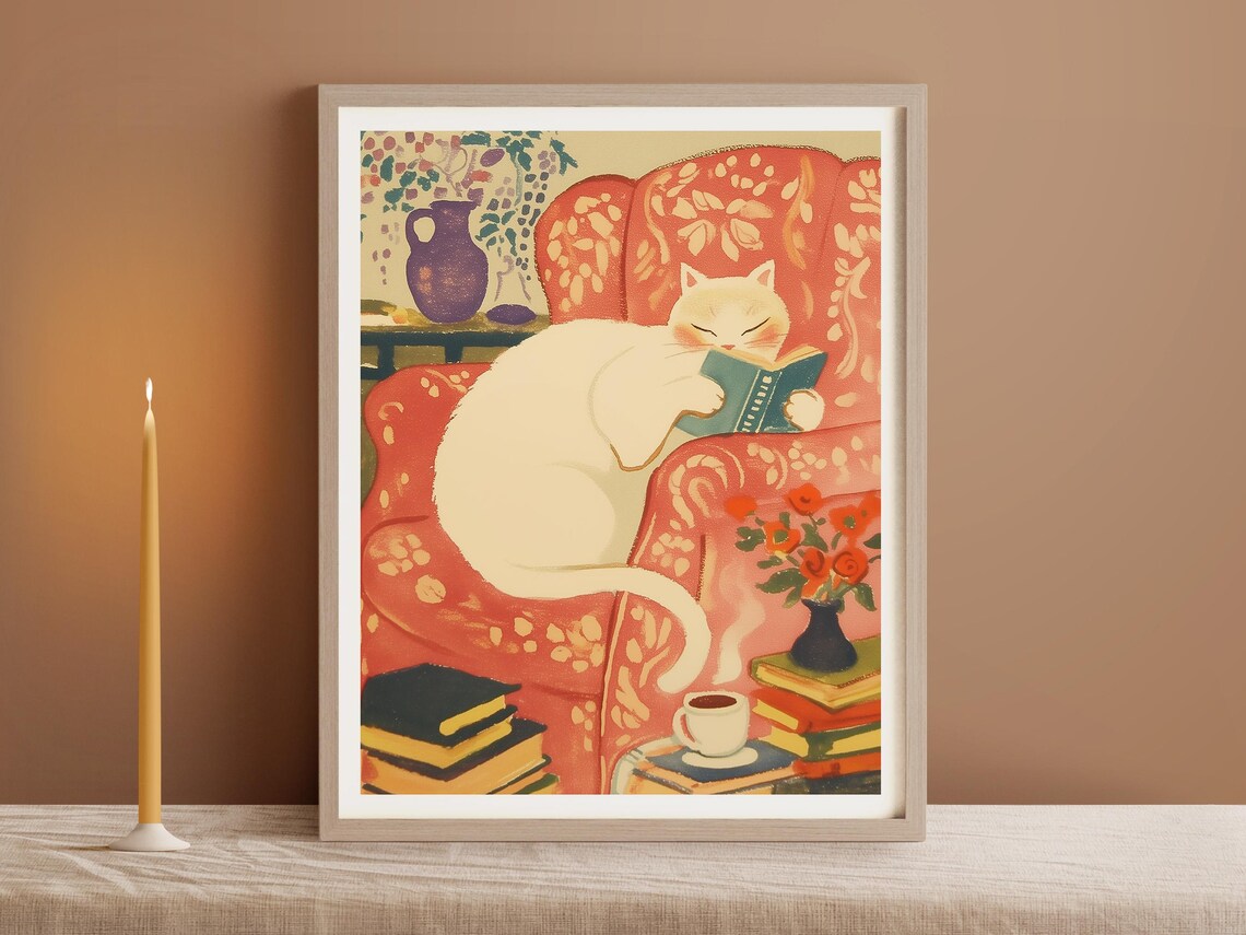 Cozy Reading White Cat, Retro Style Wall Art Print