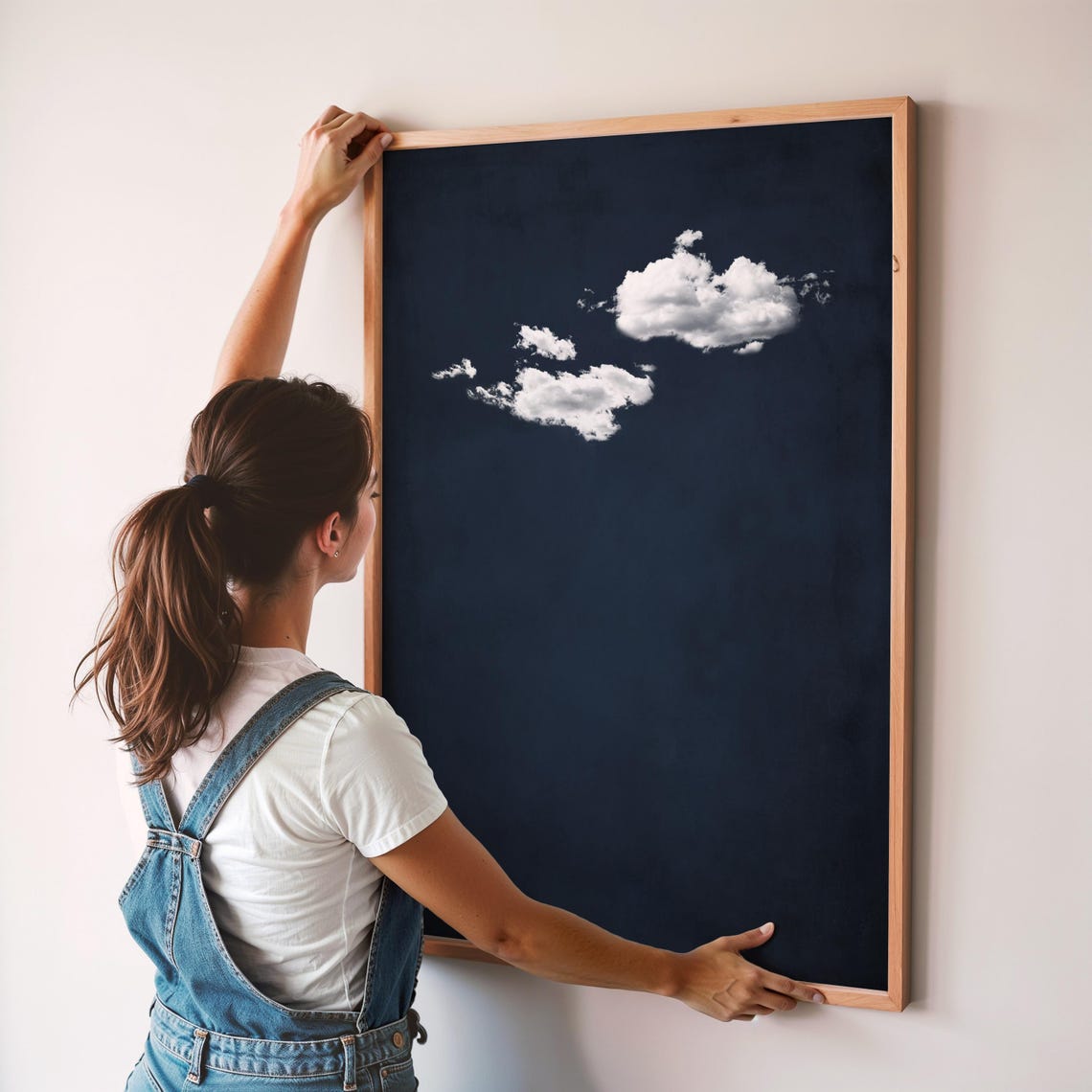 Navy Blue Cloud Minimalist Small White Clouds Deep Night Sky Poster