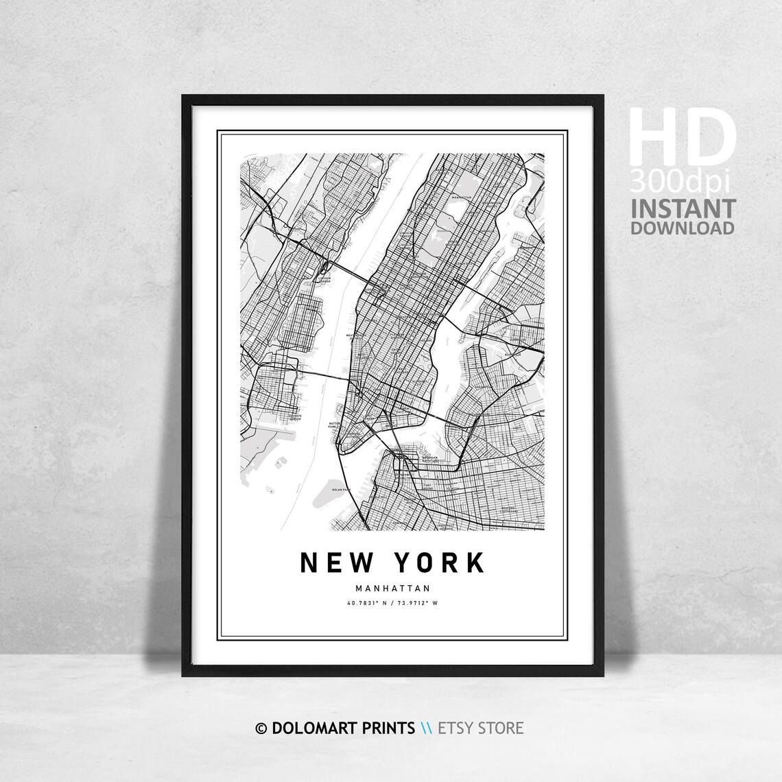 New York City Map Print, Black And White Map