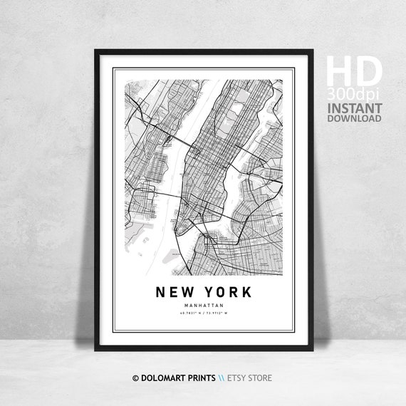 New York City Map Print, Black And White Map