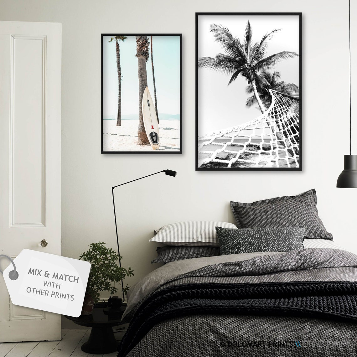 Hammock Under Palm Tree Black and White Beach Photography Poster - Image 2