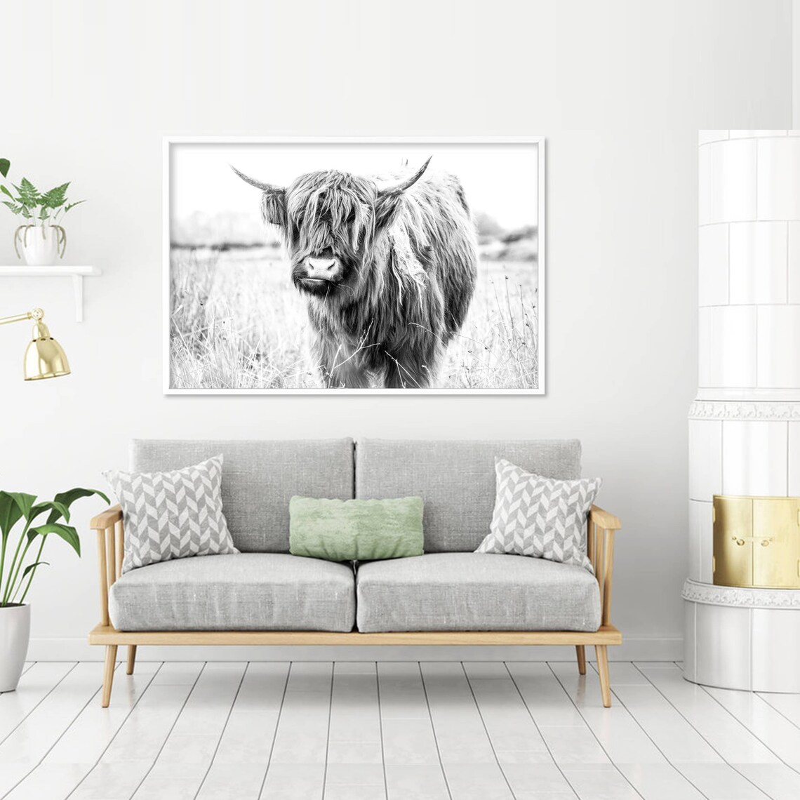 Rustic Highland Cow Black and White Animal Art Print - Image 2