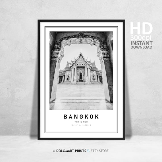 Bangkok Temples Travel Poster, Black and White