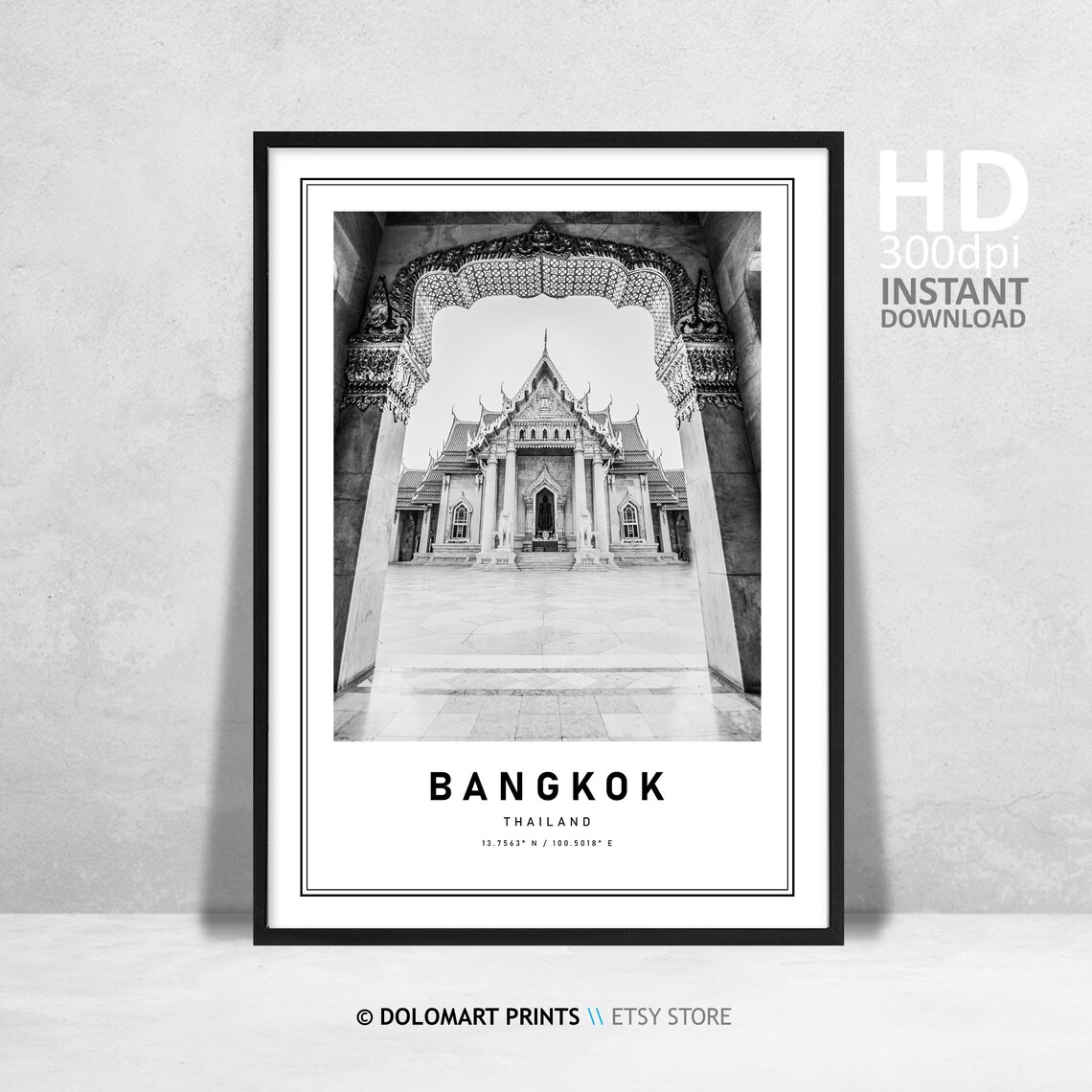 Bangkok Temples Travel Poster, Black and White