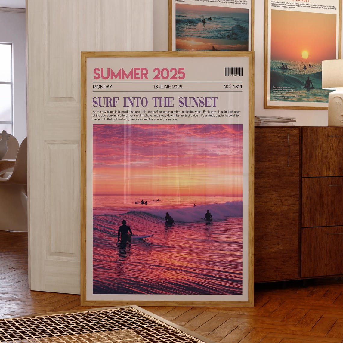 Surf Into the Sunset Summer 2025 Newspaper Style Beach Surfing Poster