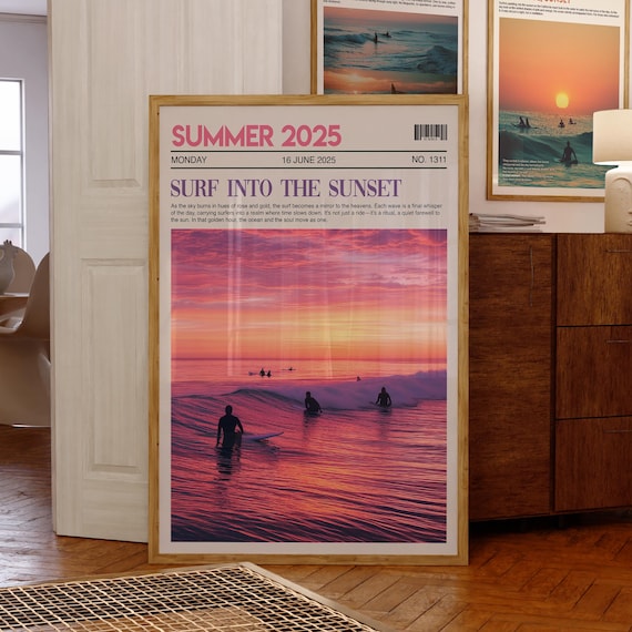 Surf Into the Sunset Summer 2025 Newspaper Style Beach Surfing Poster