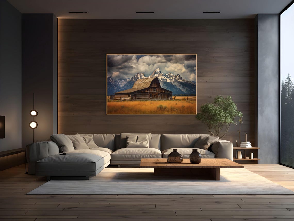 Rustic Wooden Barn with Snowy Mountain Backdrop Landscape Poster - Image 2