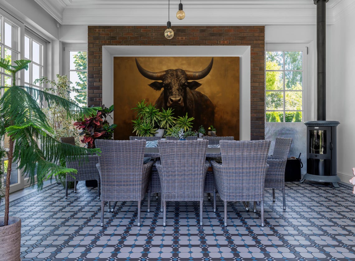 Majestic Longhorn Bull Portrait Poster with Rustic Golden Background - Image 3