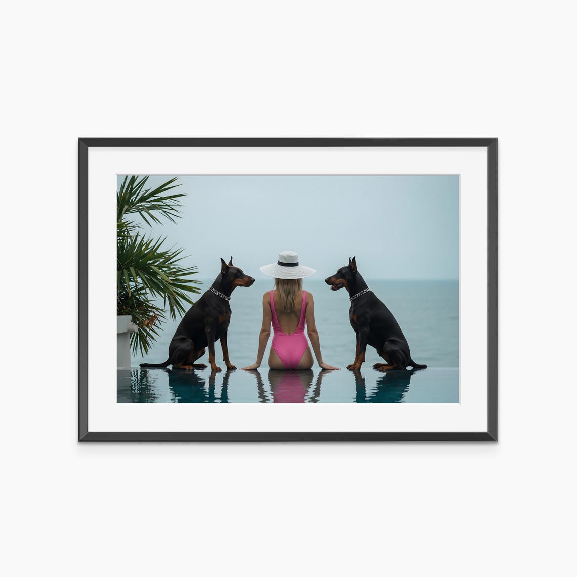 Two Doberman Pinschers with Woman by Infinity Pool Lifestyle Poster