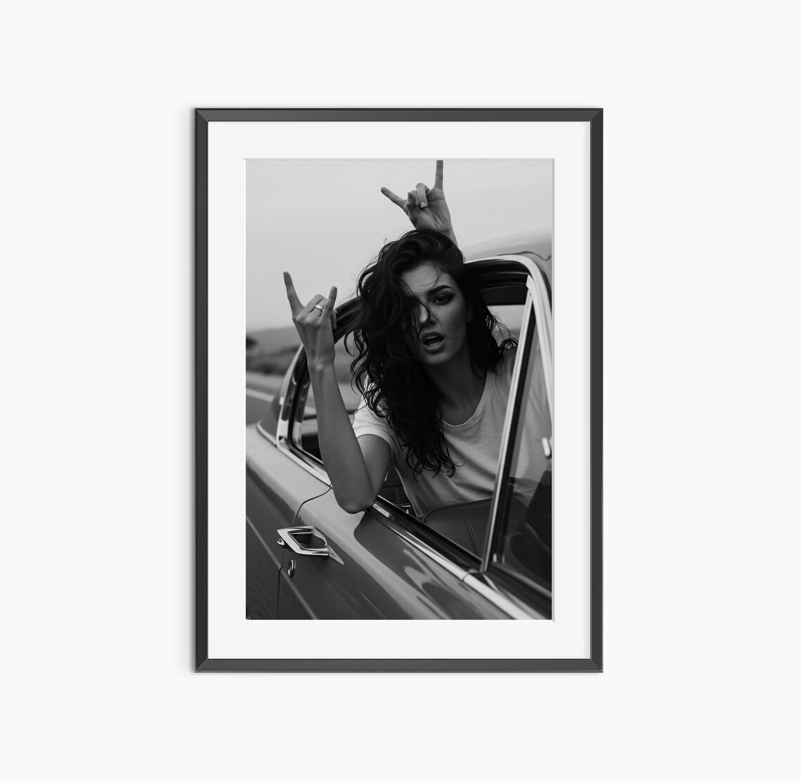 Rock On Woman In Vintage Car Black And White Photography Print