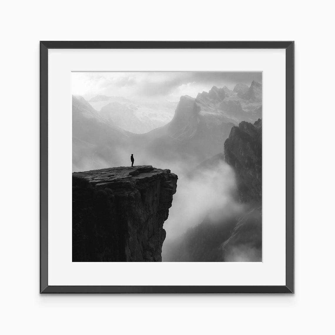 Lonely Figure on Cliff Edge Misty Mountains Black White Art Poster