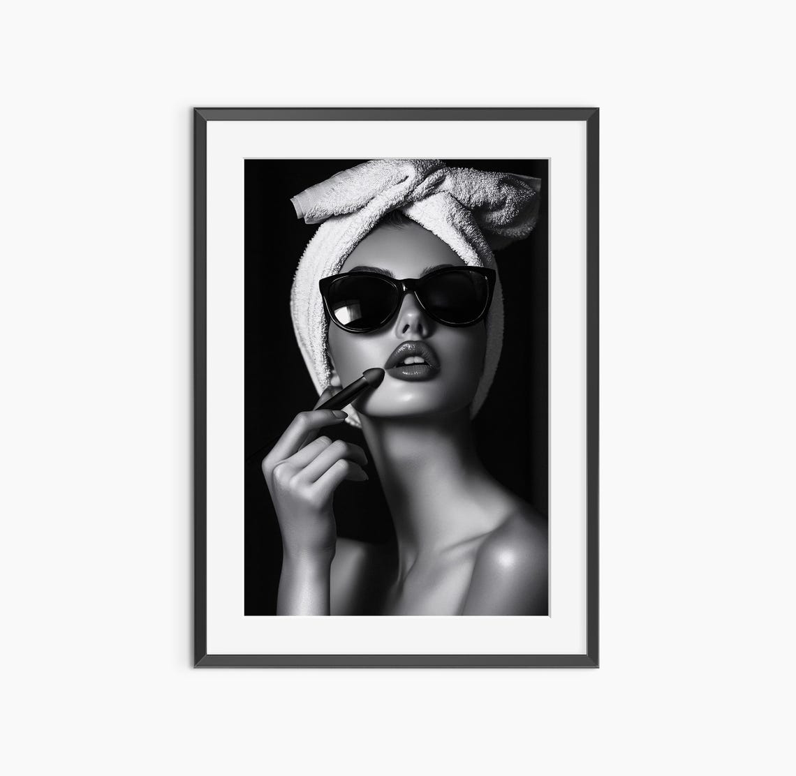 Glamorous Beauty Applying Lipstick Black and White Fashion Poster