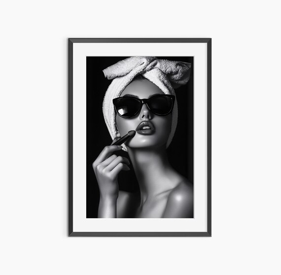 Glamorous Beauty Applying Lipstick Black and White Fashion Poster