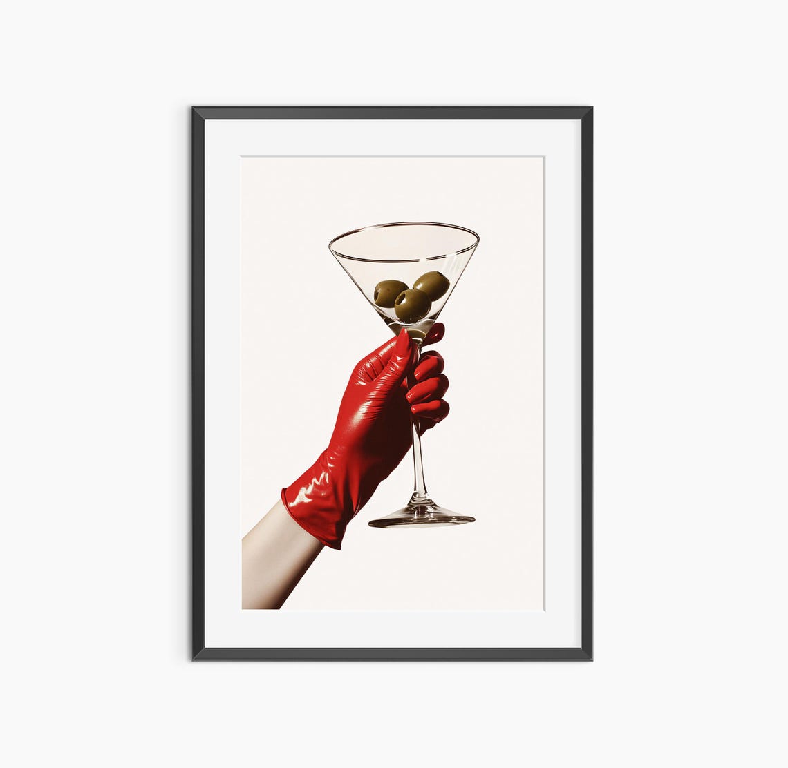 Red Gloved Hand Holding Martini Glass with Olives Cocktail Poster