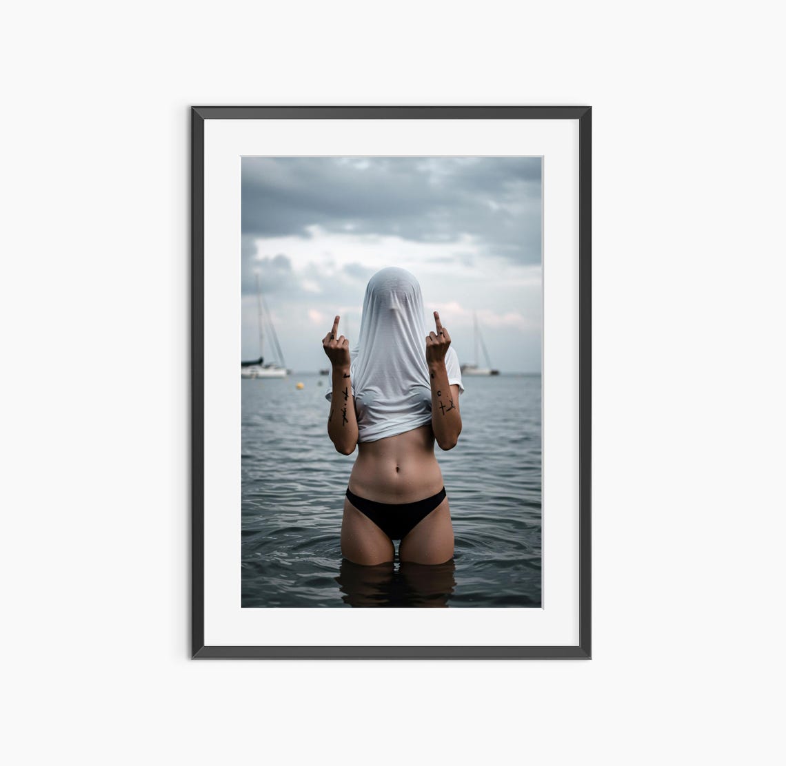 Rebellious Girl Flipping Middle Finger Ocean Bold Attitude Poster