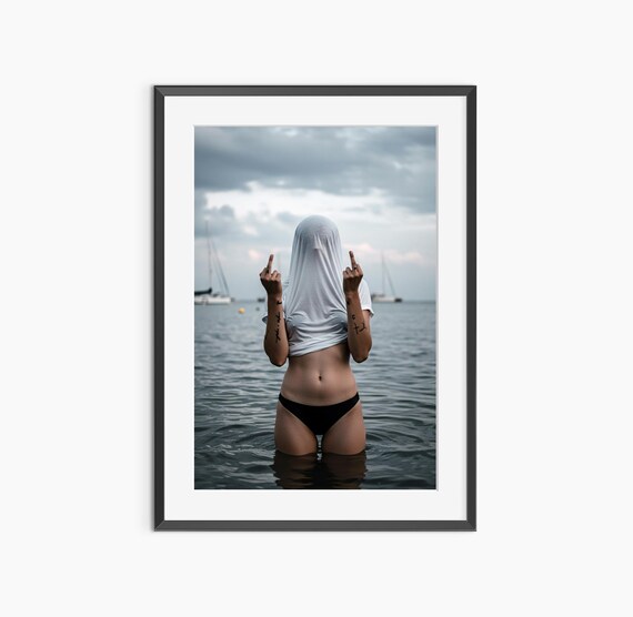 Rebellious Girl Flipping Middle Finger Ocean Bold Attitude Poster