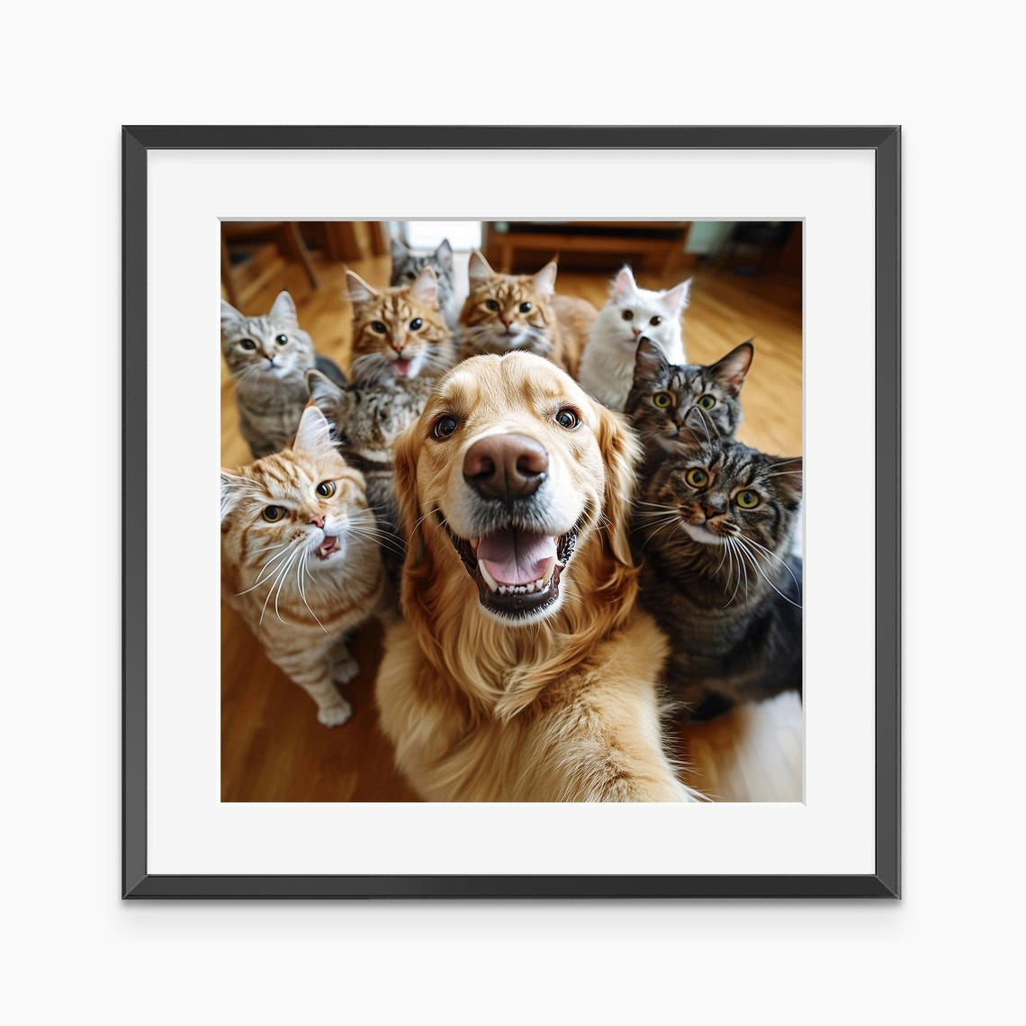 Funny Dog and Cats Group Selfie Golden Retriever Photo Poster