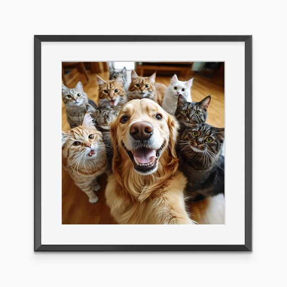 Funny Dog and Cats Group Selfie Golden Retriever Photo Poster