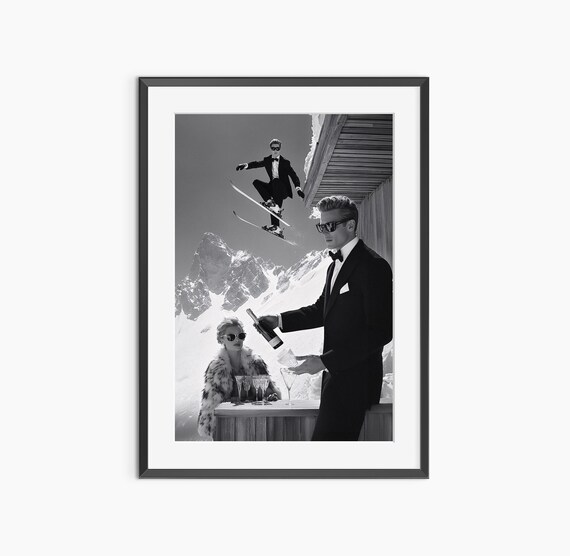 Old Money Ski Chalet Champagne Black and White Vintage Photo Print