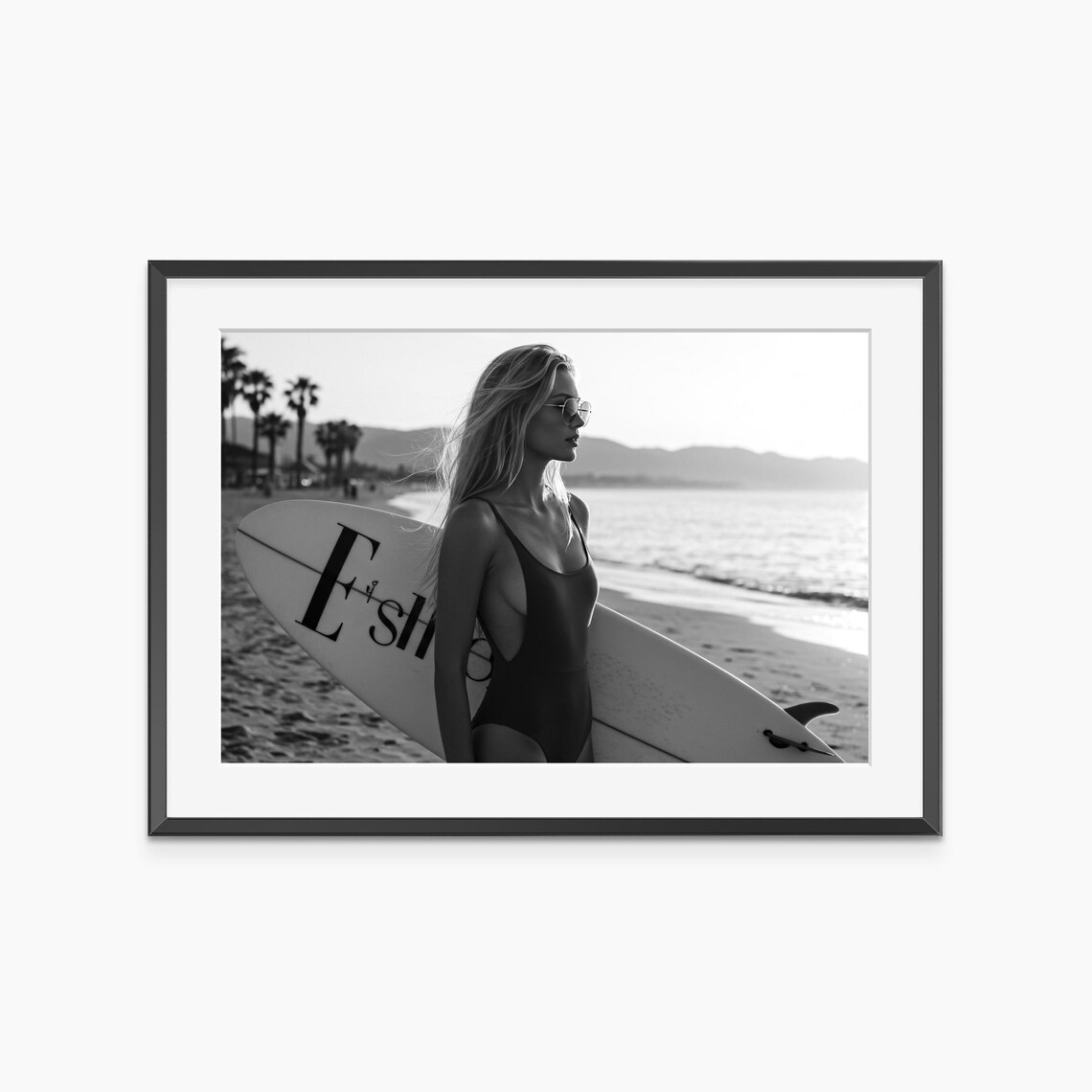 Blonde Surfer Girl Holding Surfboard Black And White Photo Print