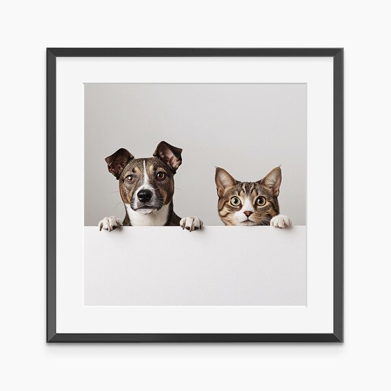 Cute Dog And Cat Peeking Over Blank Board Funny Pet Photo Print