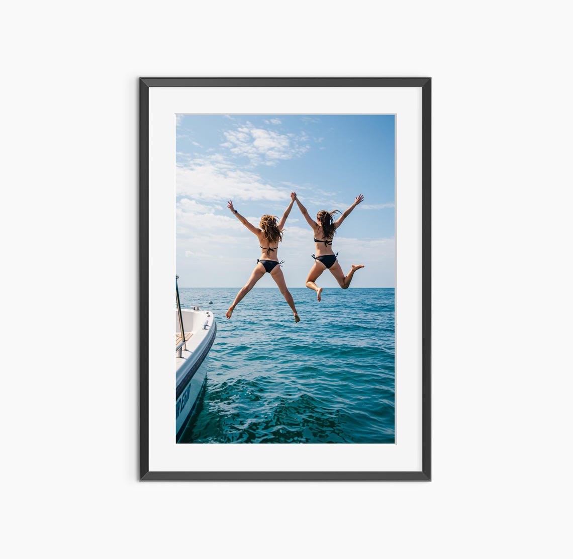 Two Women Jumping Off Boat into Blue Ocean Summer Joy Photo Poster