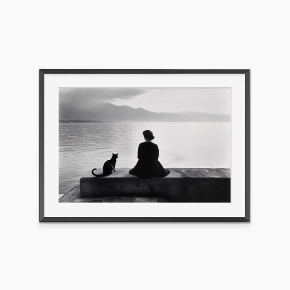 Girl and Cat Sitting by the Water Black and White Photo Poster