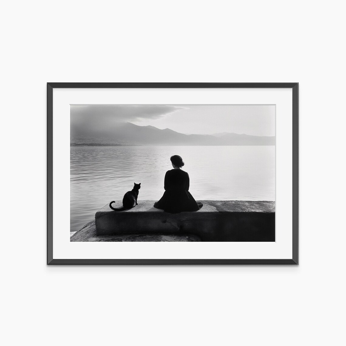 Girl and Cat Sitting by the Water Black and White Photo Poster