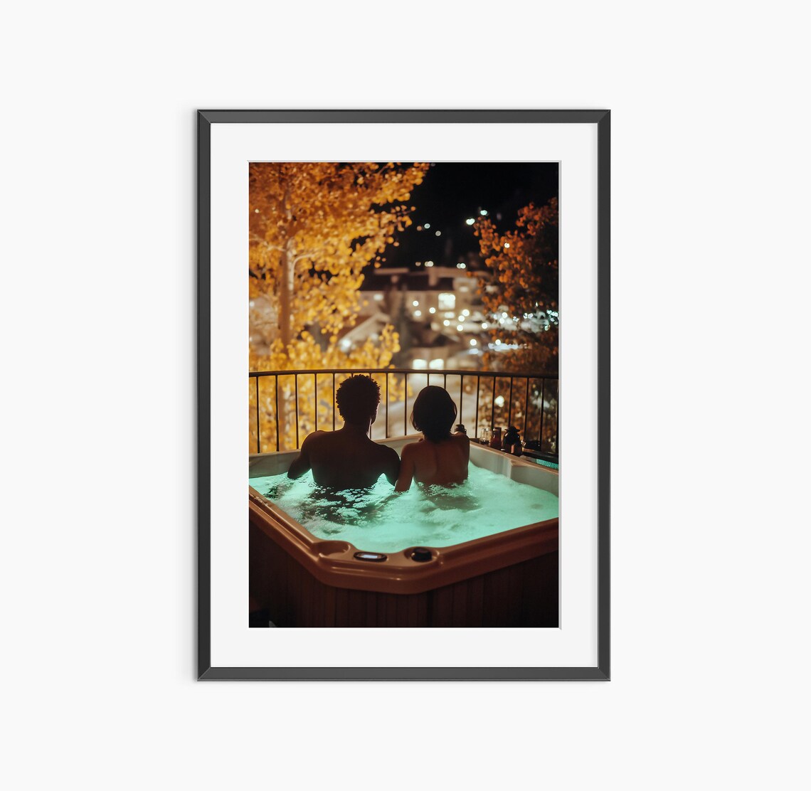 Couple in Hot Tub on Balcony at Night Autumn Romance Photo Poster