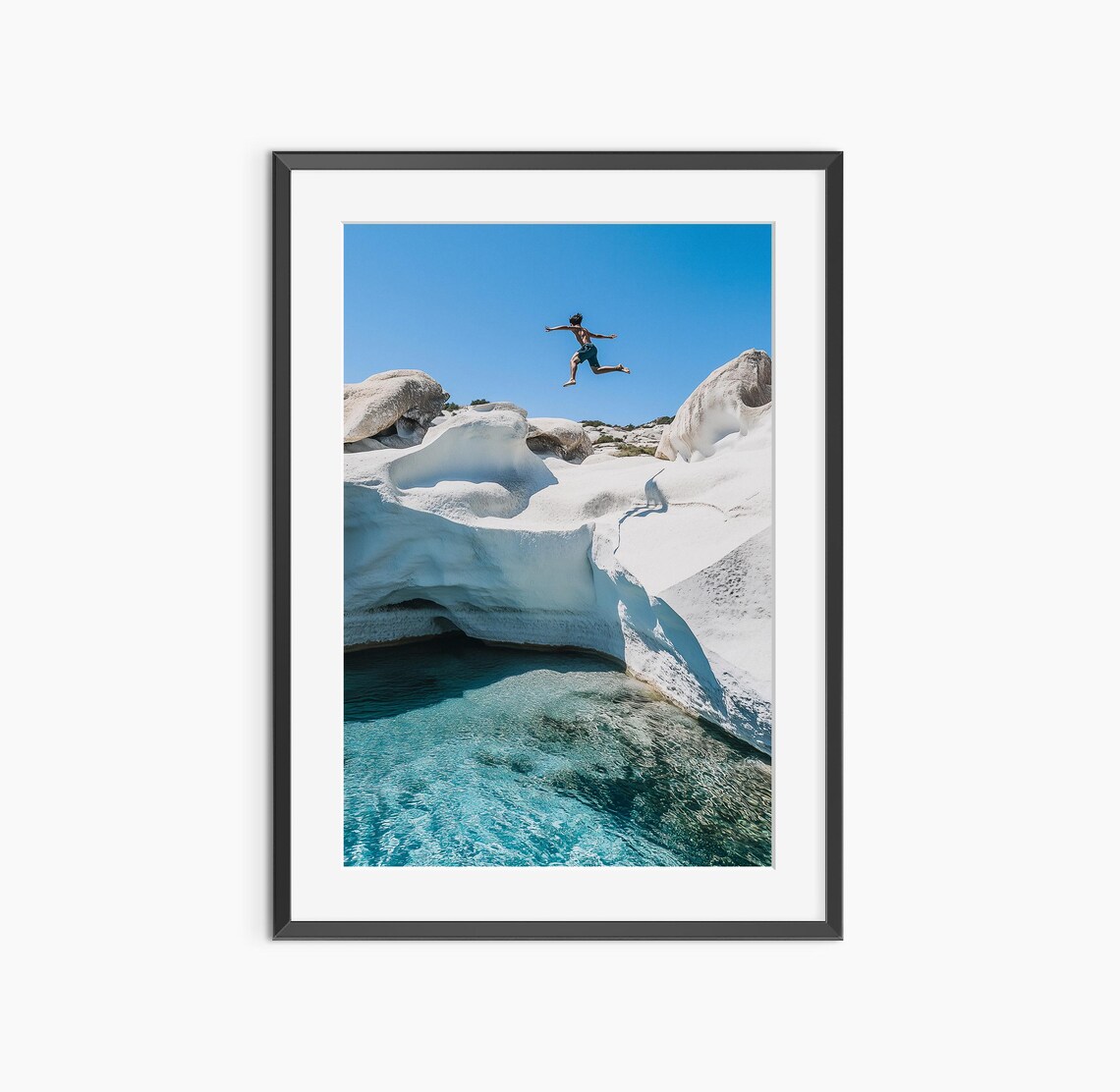 Cliff Diving White Rocks Turquoise Water Summer Adventure Photo Poster