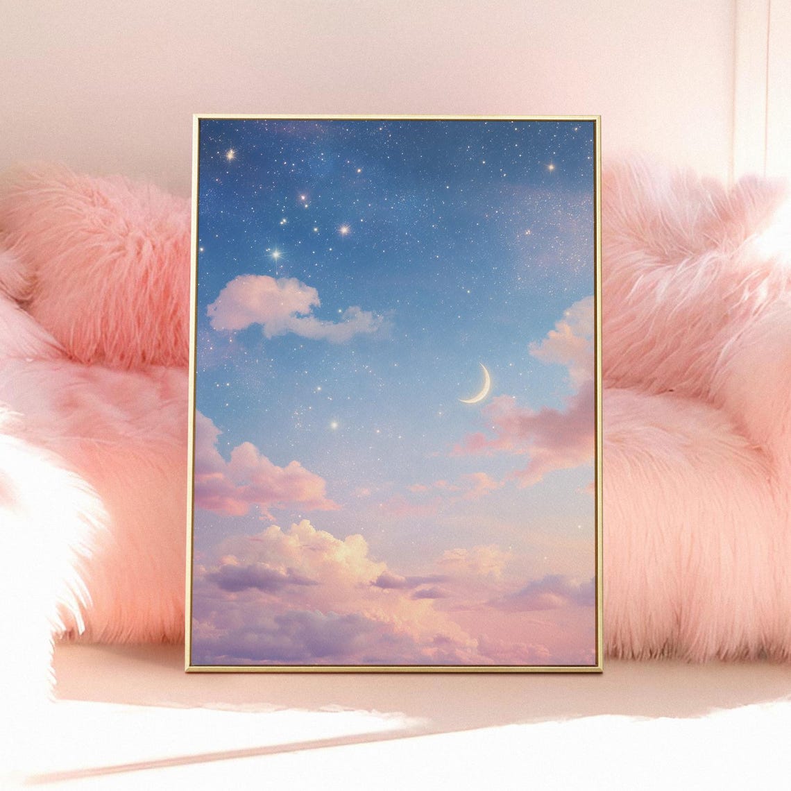 Dreamy Pastel Sunset Moon Art Print Clouds Wall Trendy Girl Apartment Decor Digital Download