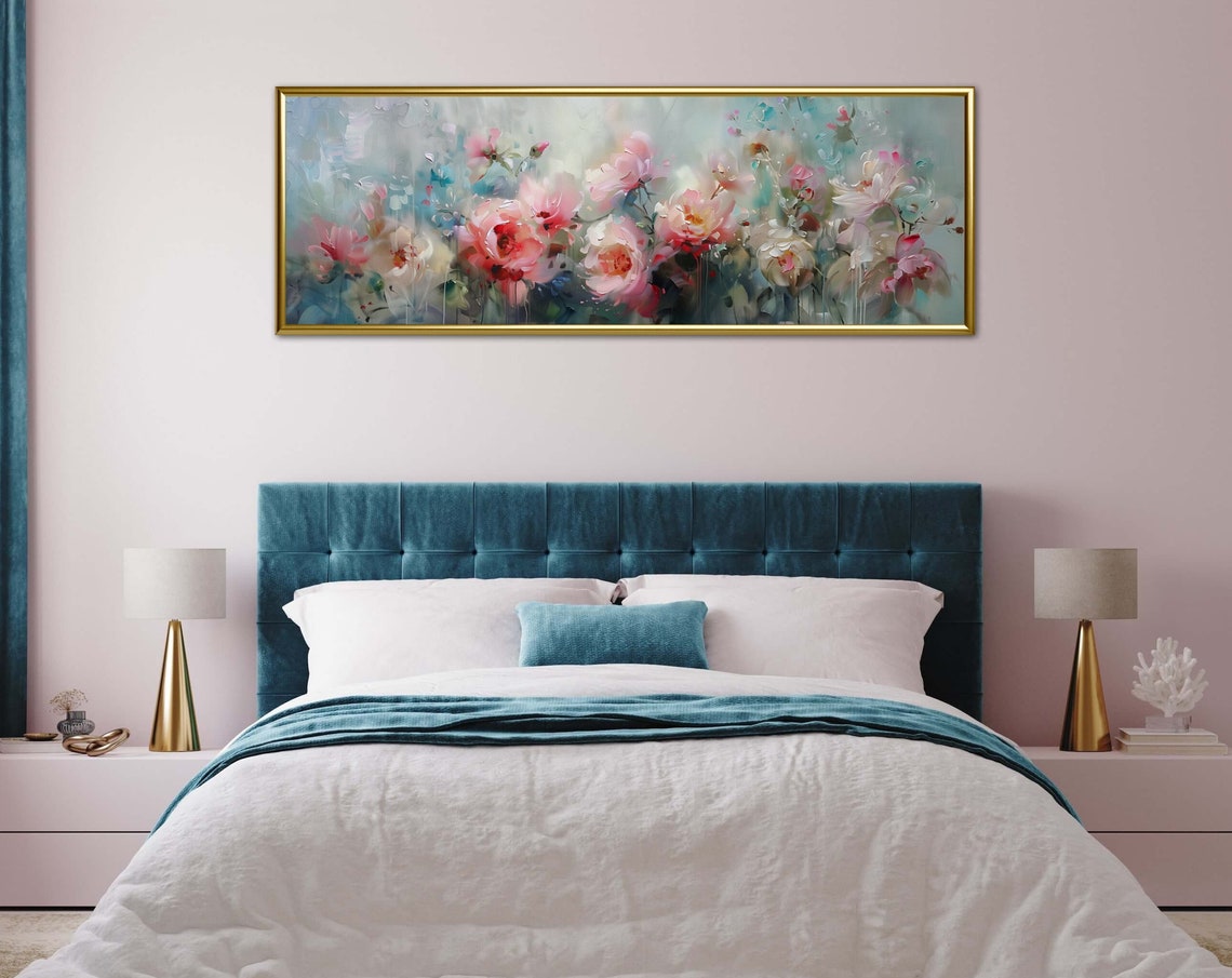 Soft Pink Peony Garden Bloom Panoramic Floral Impressionist Wall Art