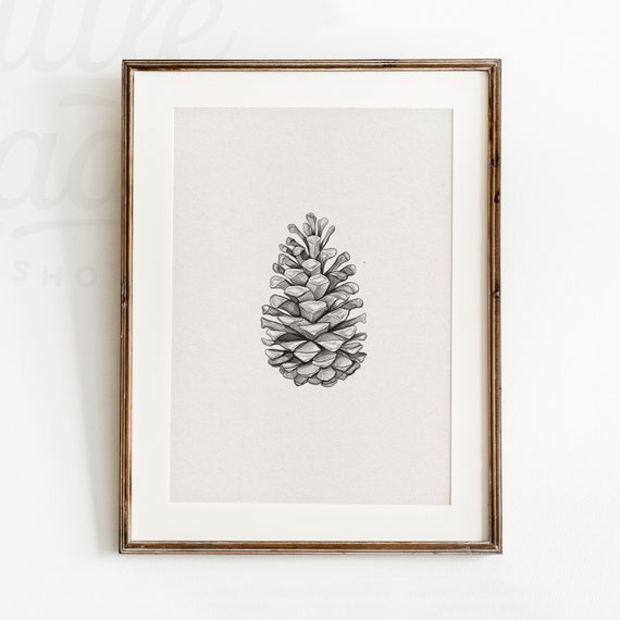 Pinecone Sketch Christmas Print, Rustic Vintage Style