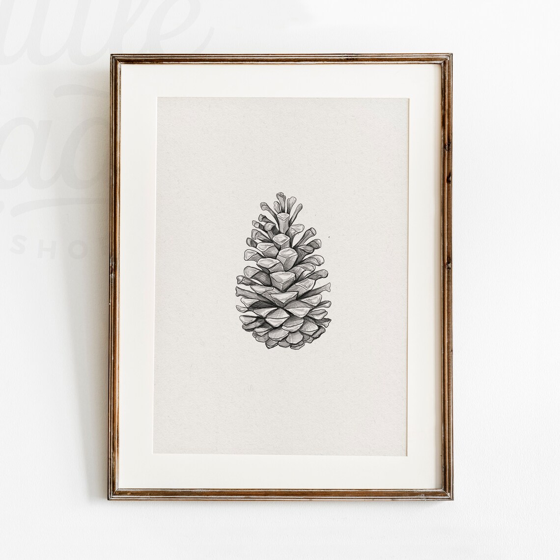 Pinecone Sketch Christmas Print, Rustic Vintage Style