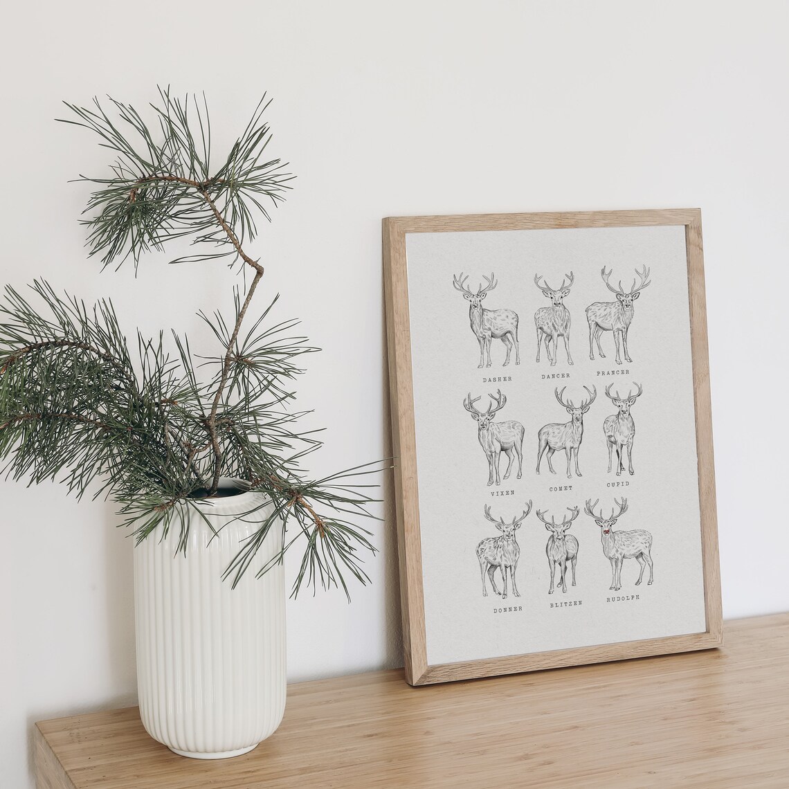 Reindeer Christmas Decor, Rustic Vintage Style Sketch Poster