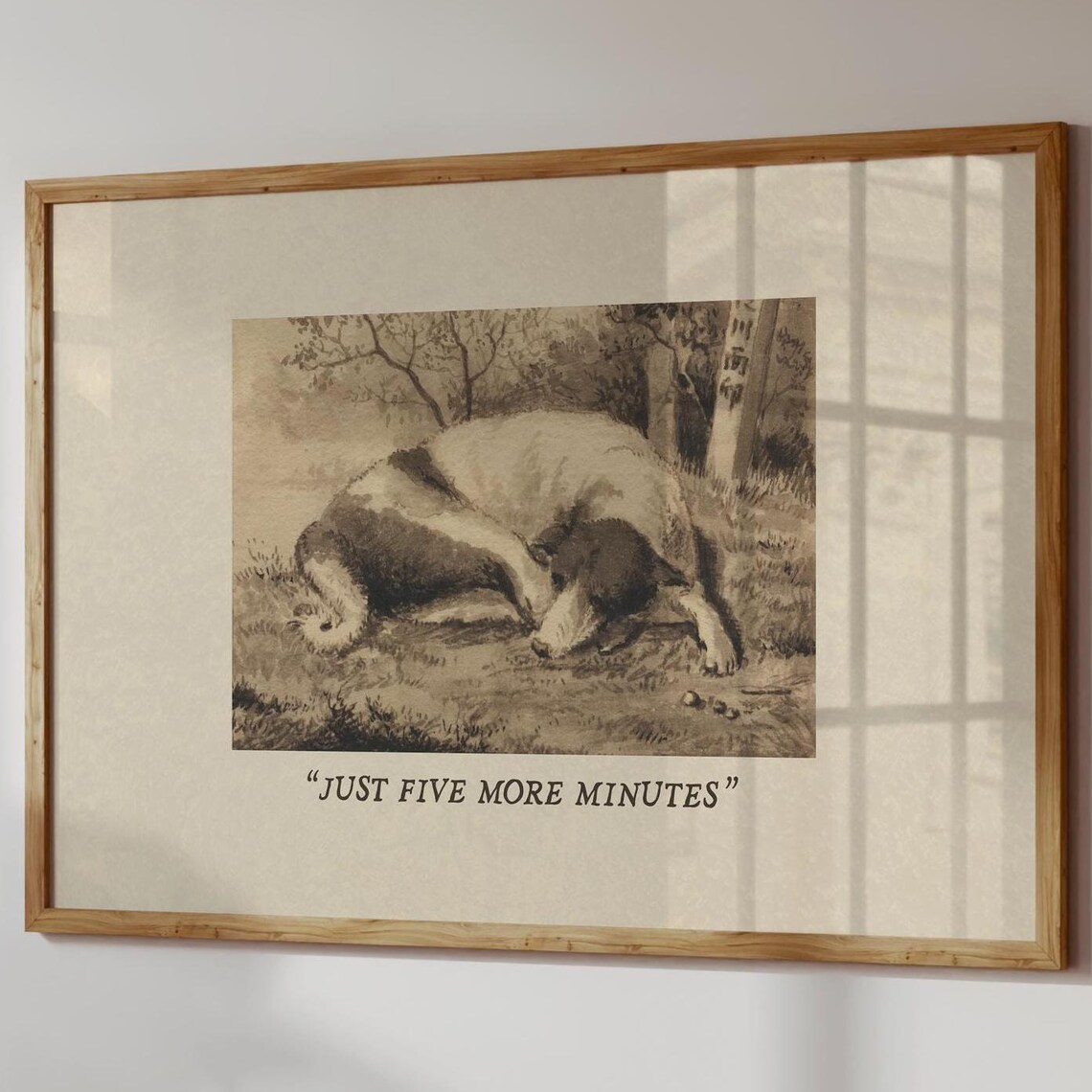 Just Five More Minutes Sleeping Dog Vintage Sketch Funny Quote Wall Art