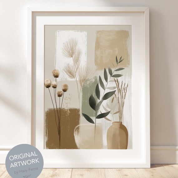 Beige Botanical Dried Flowers And Vases Minimalist Neutral Boho Print