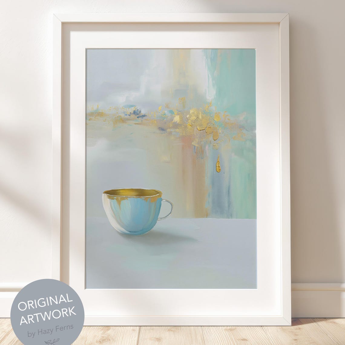 Blue and Gold Teacup Still Life on Soft Abstract Minimalist Art Poster