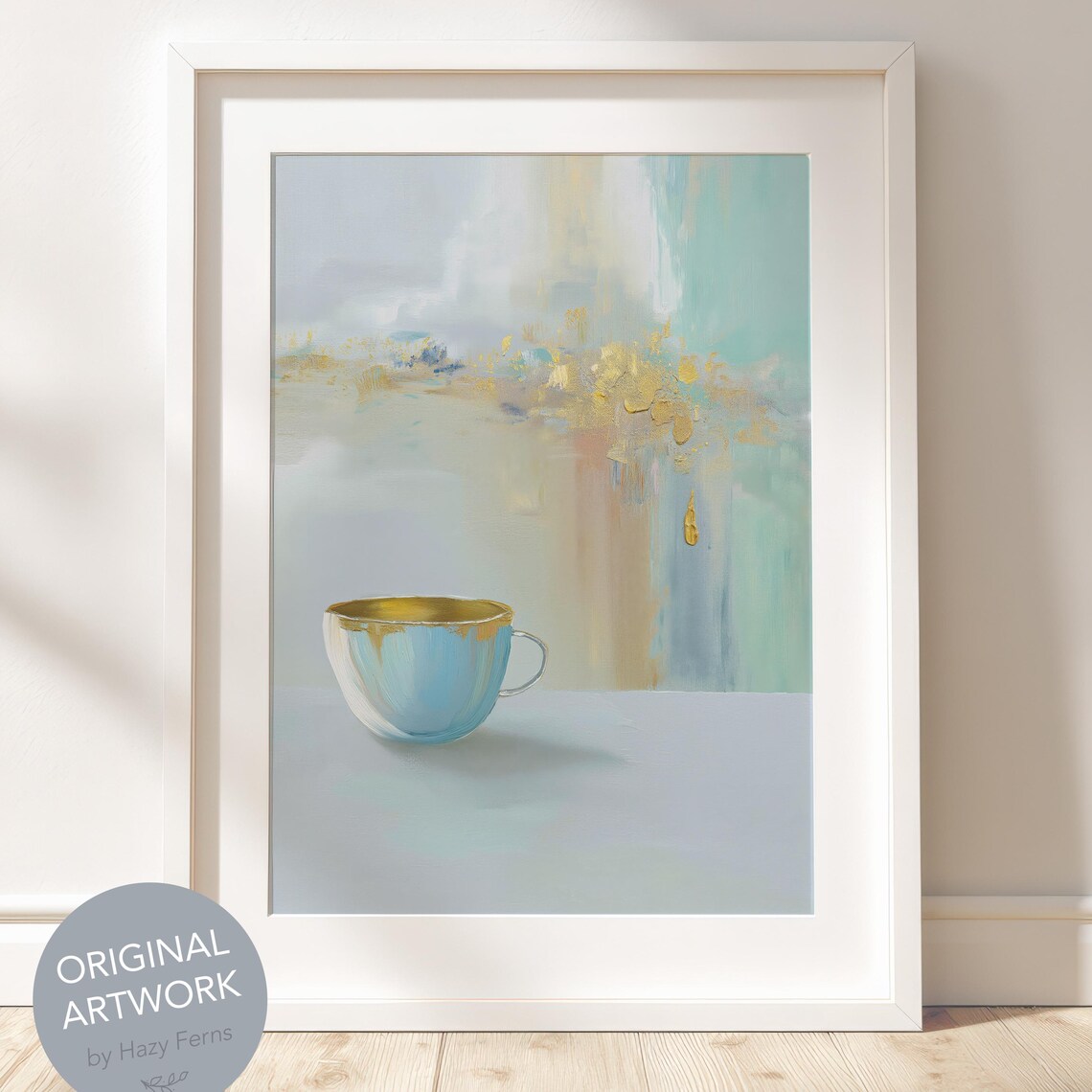 Cozy Coffee Cup Oil Art Print Pastel Minimalist Blue Gold Still Life