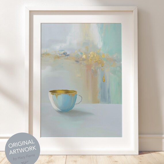 Blue and Gold Teacup Still Life on Soft Abstract Minimalist Art Poster
