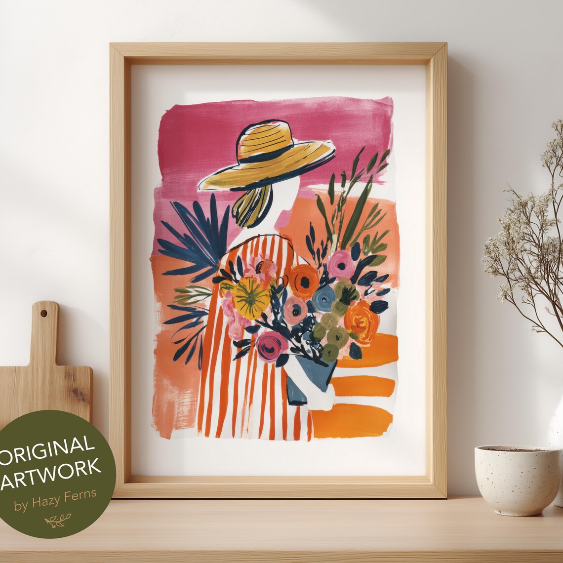 Lady With Flower Bouquet, Gouache Style Poster