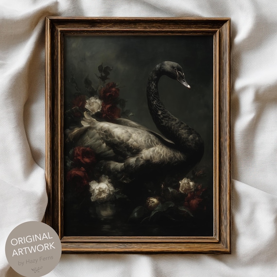 Black Swan In Red Lake Dark Academia Gothic Fine Art Print