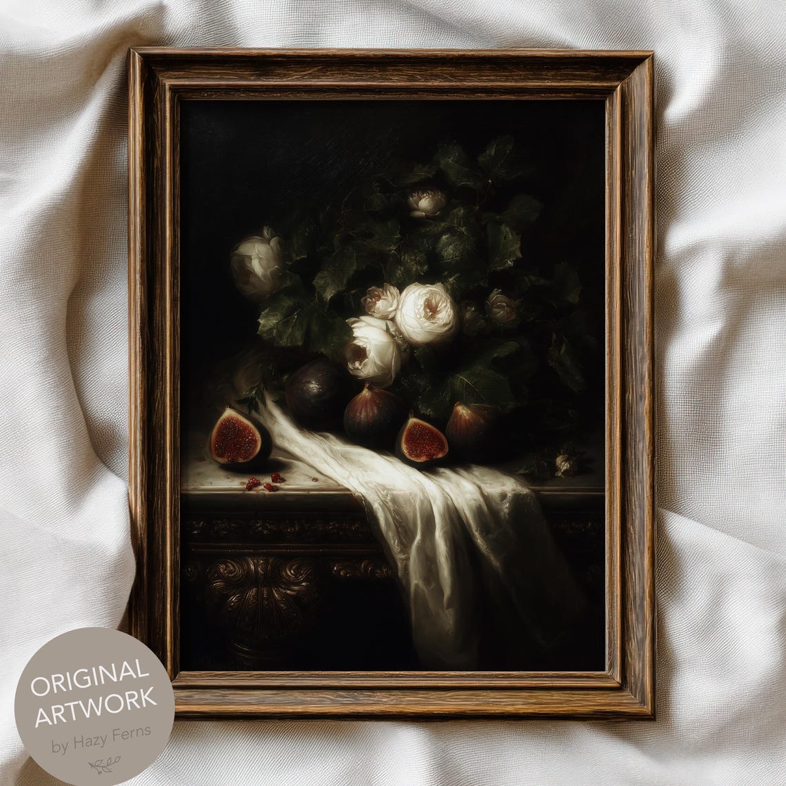 Fresh Figs and White Roses Dark Moody Still Life Table Poster