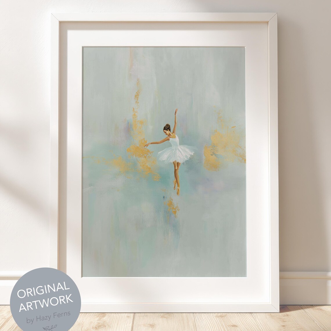 Solo Ballerina Leaping in White Tutu on Soft Sage Green Ballet Poster